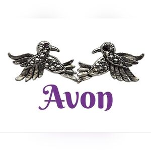 Vintage 1994 Avon Marcasite Hummingbird Stud Piereced Earrings Silver-Purple